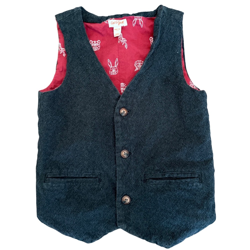 Cat & Jack Boys Grey Waistcoat Vest Red Animal Print Lining Size M 8/10 Cotton